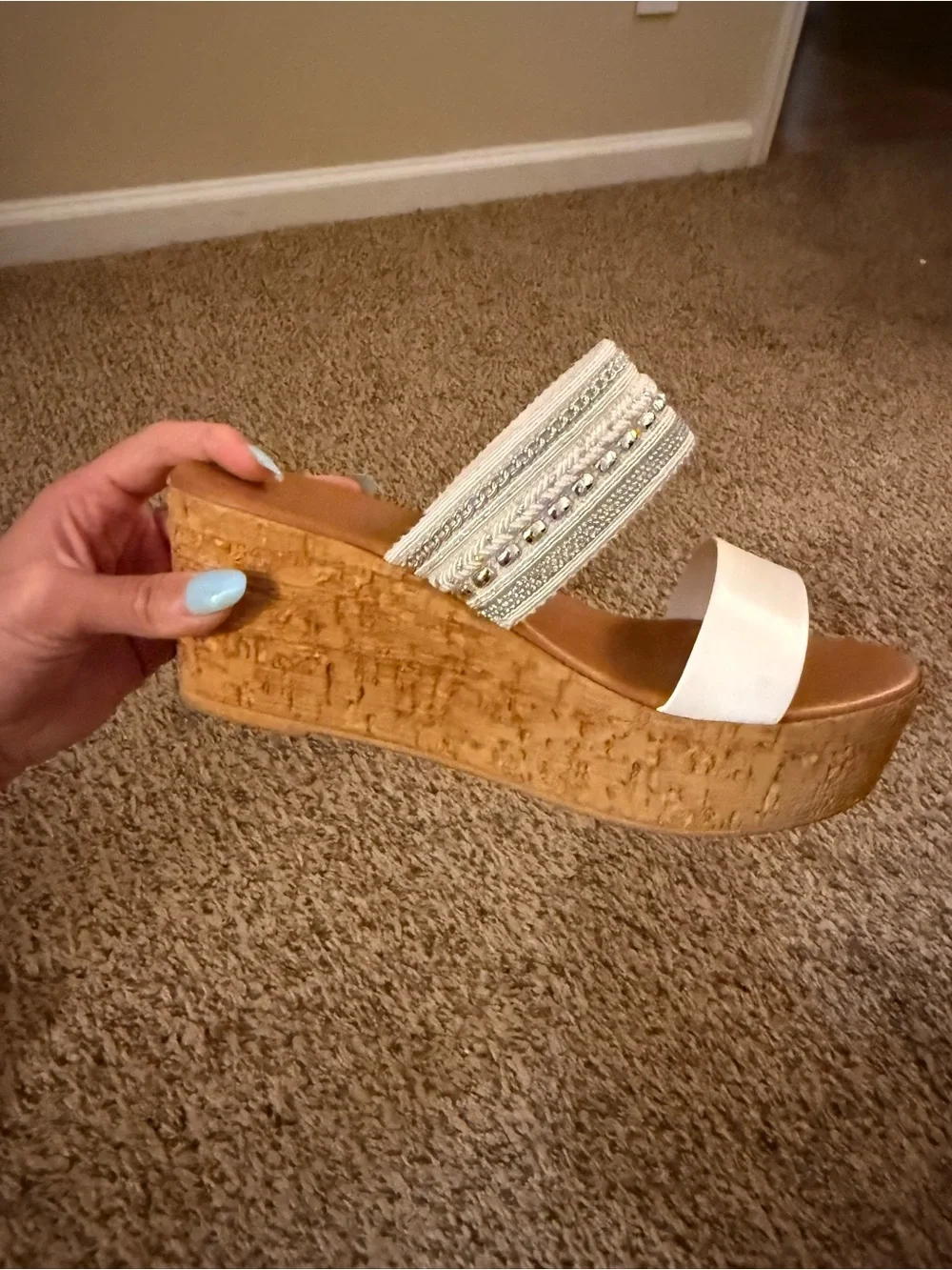 Embellished White Cork Wedge Sandals for Women